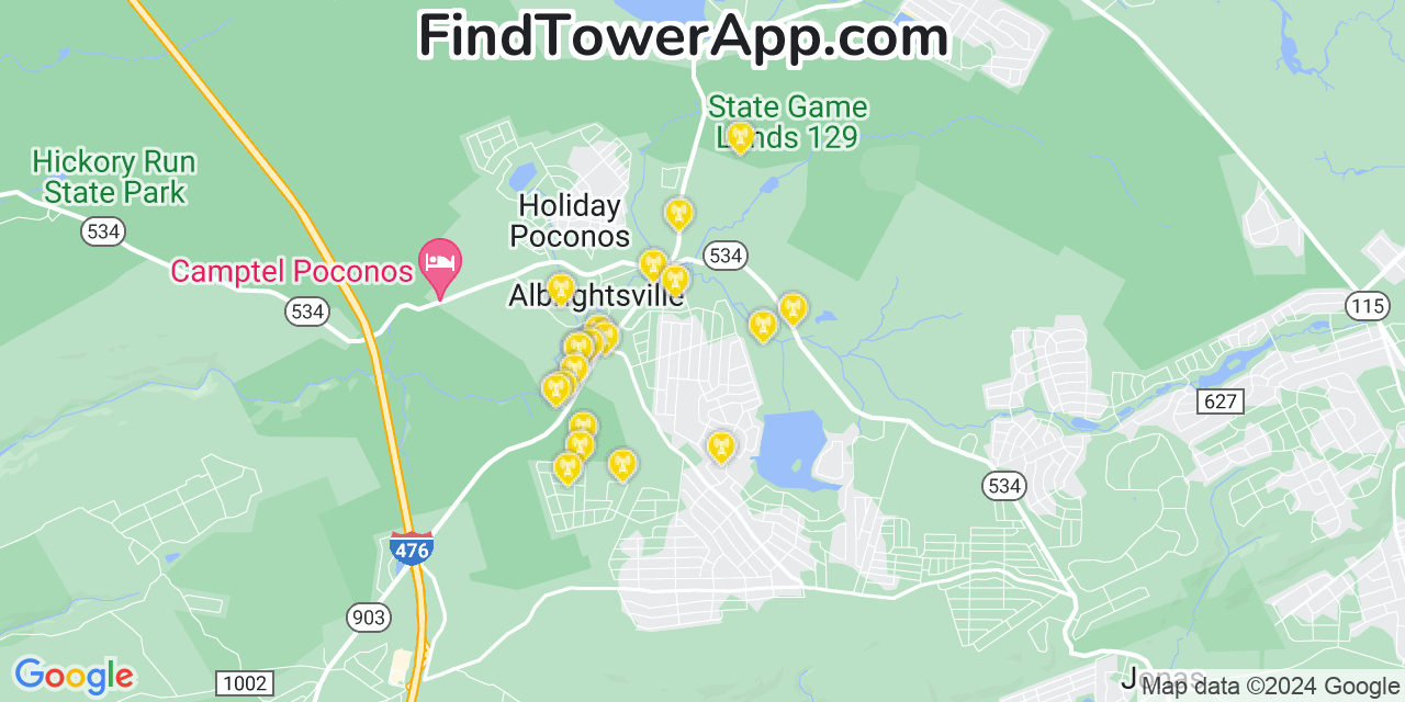 AT&T 4G/5G cell tower coverage map Towamensing Trails, Pennsylvania