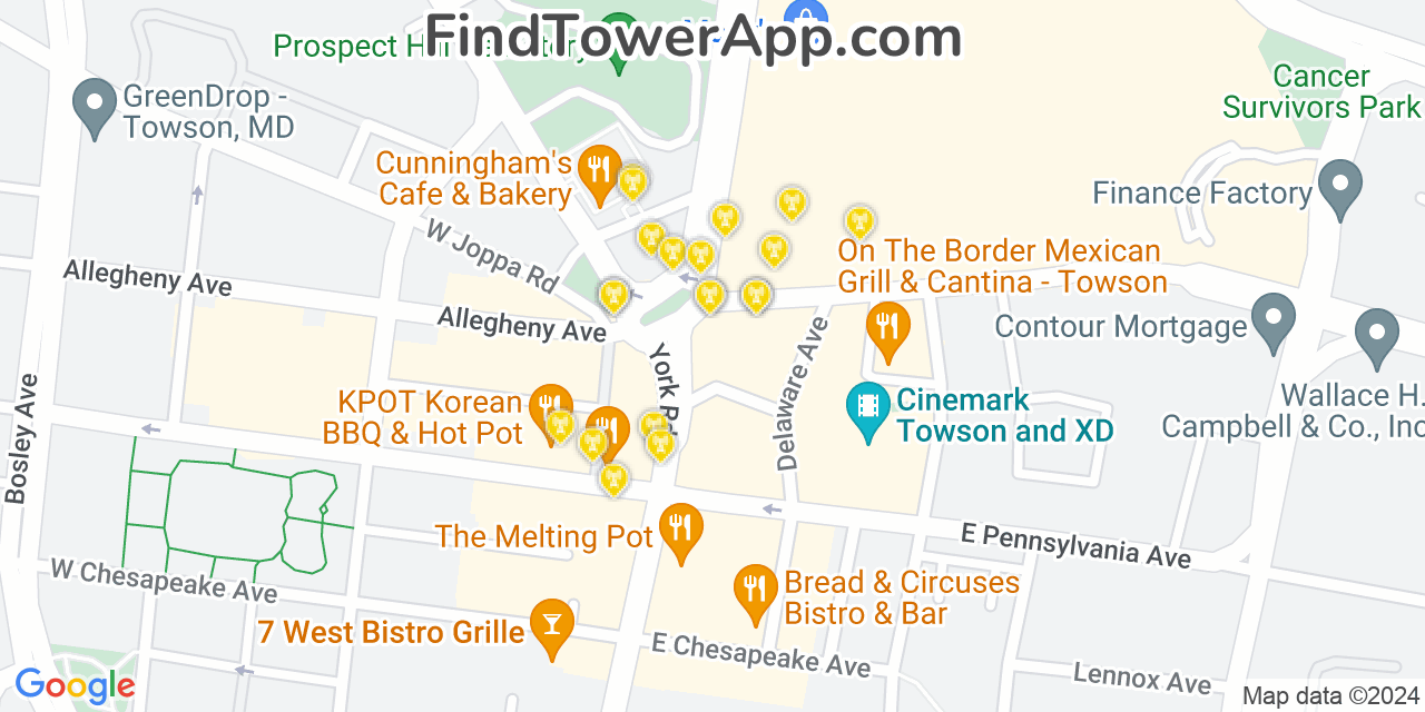 AT&T 4G/5G cell tower coverage map Towson, Maryland