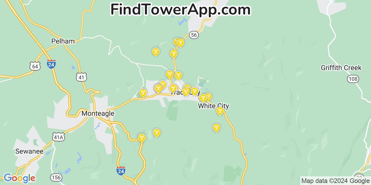 AT&T 4G/5G cell tower coverage map Tracy City, Tennessee
