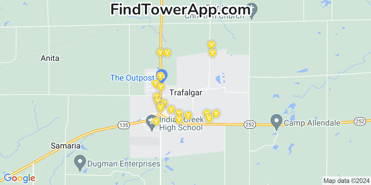 Verizon 4G/5G cell tower coverage map Trafalgar, Indiana
