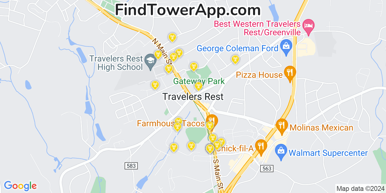 AT&T 4G/5G cell tower coverage map Travelers Rest, South Carolina