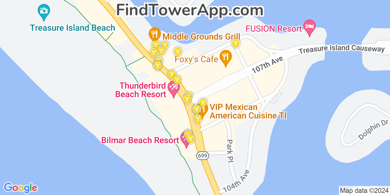 Verizon 4G/5G cell tower coverage map Treasure Island, Florida