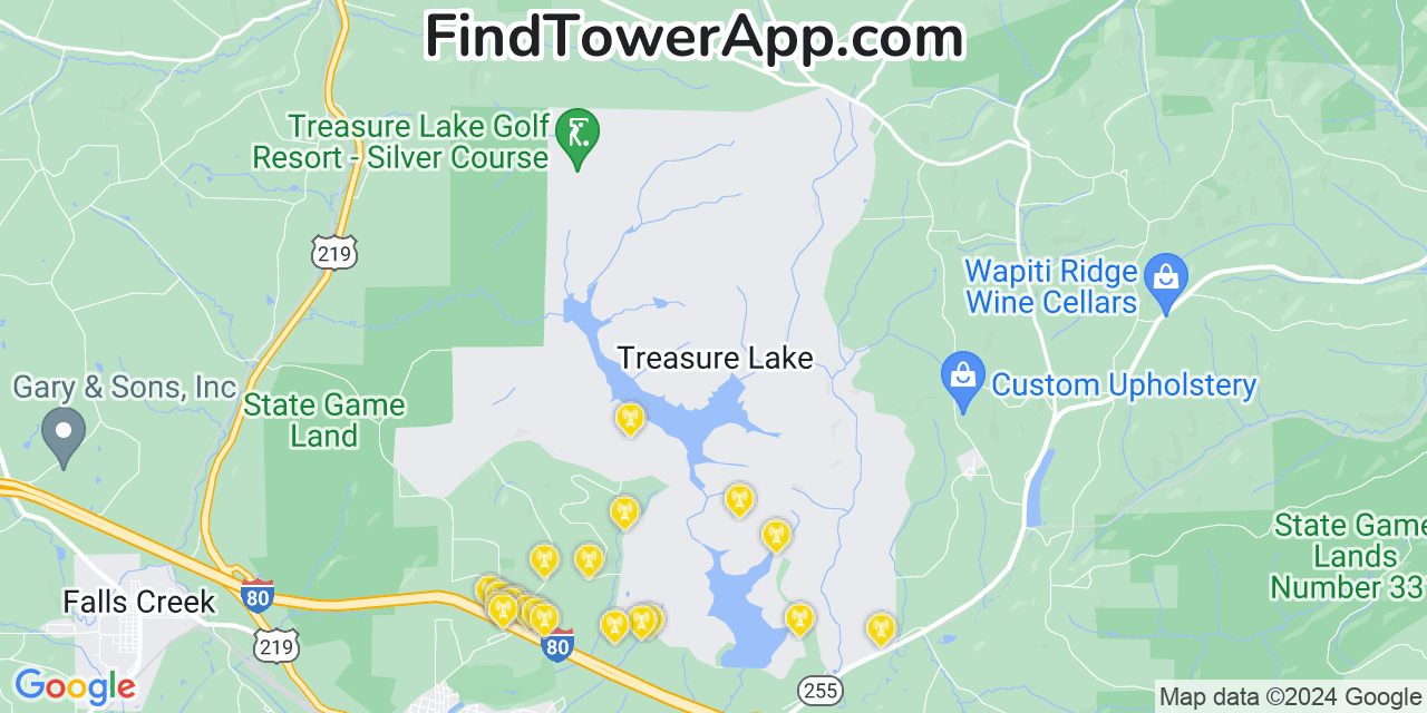 AT&T 4G/5G cell tower coverage map Treasure Lake, Pennsylvania