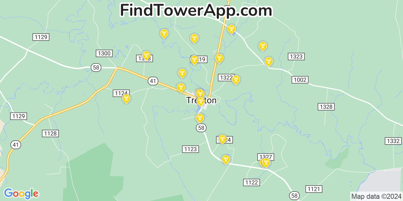 AT&T 4G/5G cell tower coverage map Trenton, North Carolina
