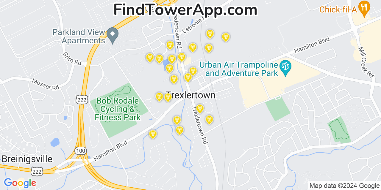 AT&T 4G/5G cell tower coverage map Trexlertown, Pennsylvania