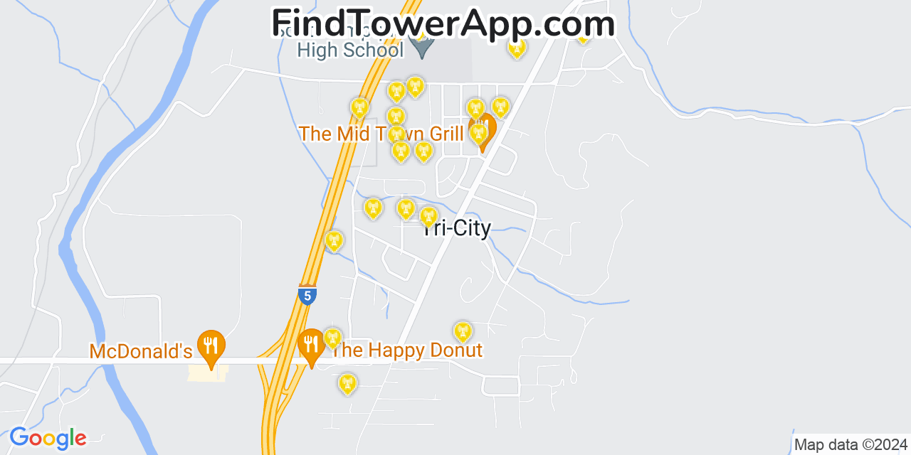 AT&T 4G/5G cell tower coverage map Tri City, Oregon