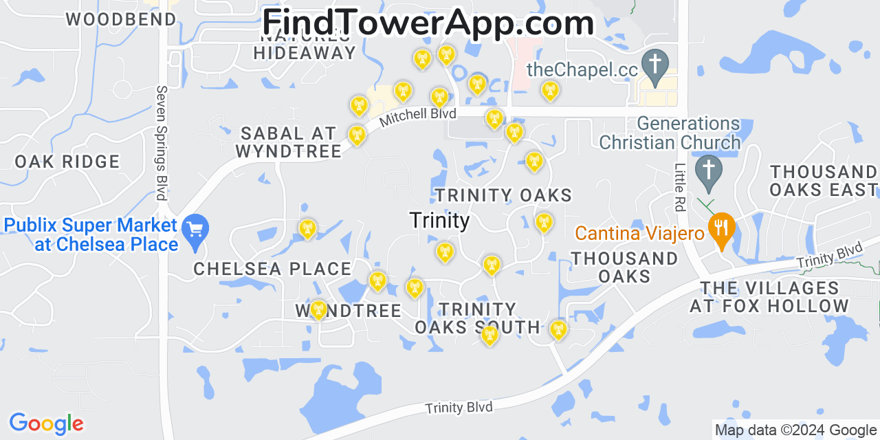 AT&T 4G/5G cell tower coverage map Trinity, Florida