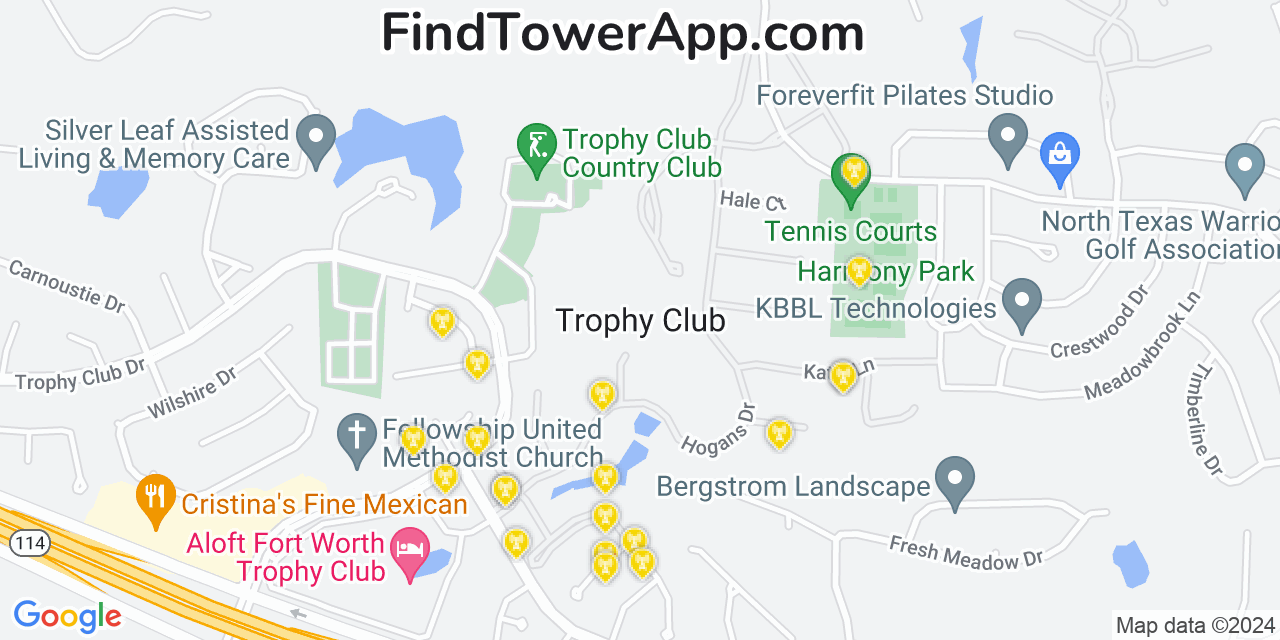 AT&T 4G/5G cell tower coverage map Trophy Club, Texas