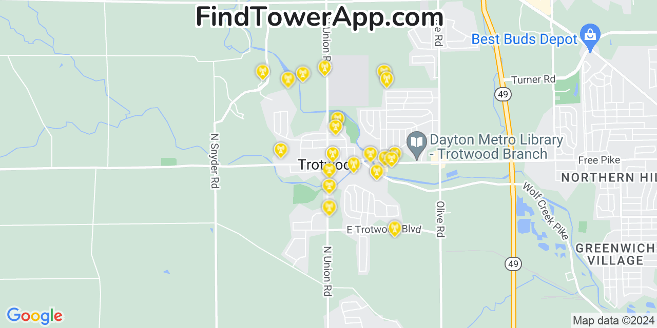 AT&T 4G/5G cell tower coverage map Trotwood, Ohio