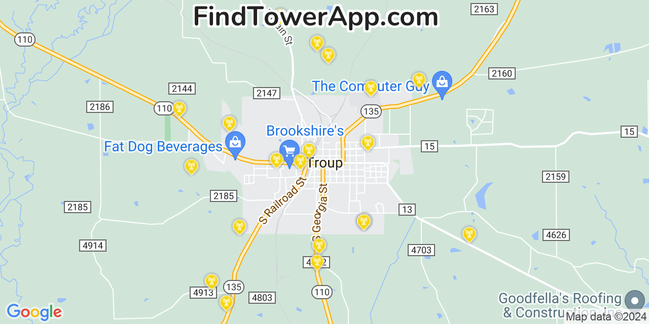 AT&T 4G/5G cell tower coverage map Troup, Texas