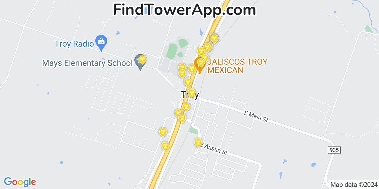 AT&T 4G/5G cell tower coverage map Troy, Texas