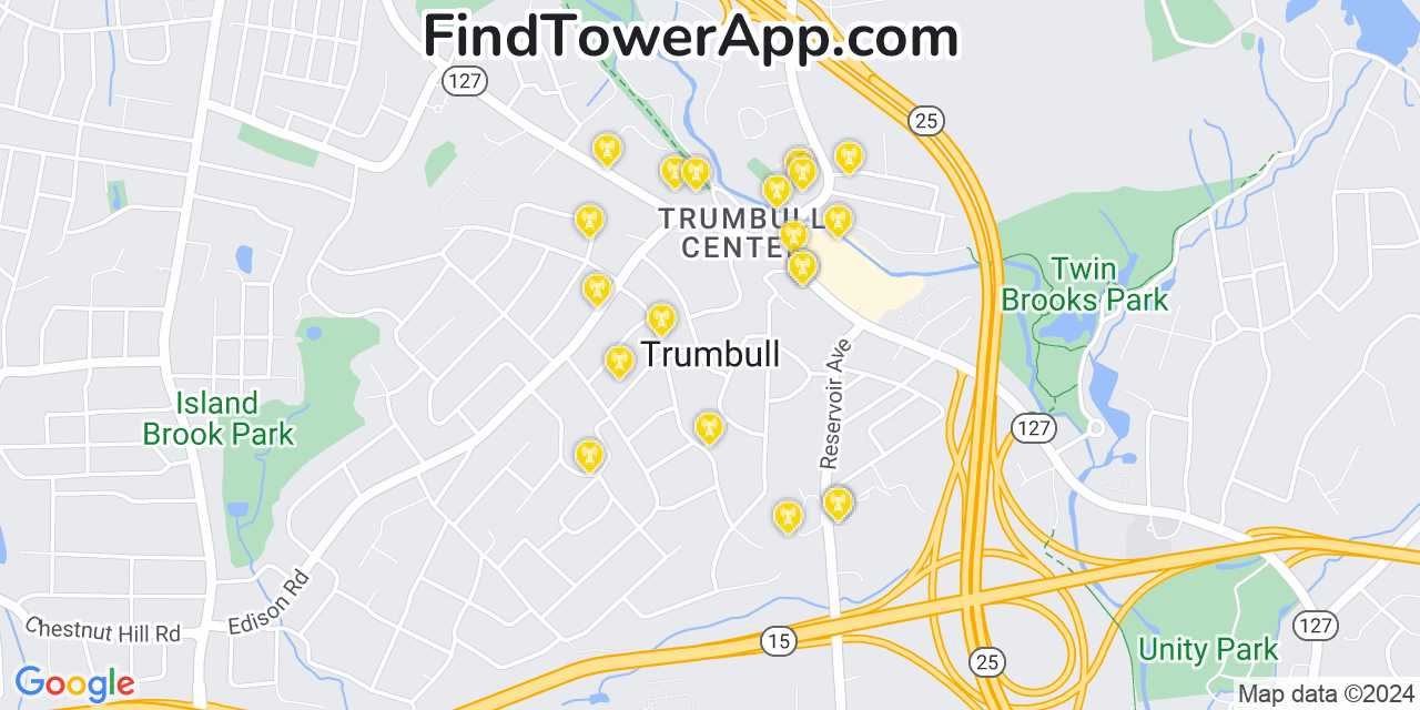 AT&T 4G/5G cell tower coverage map Trumbull, Connecticut