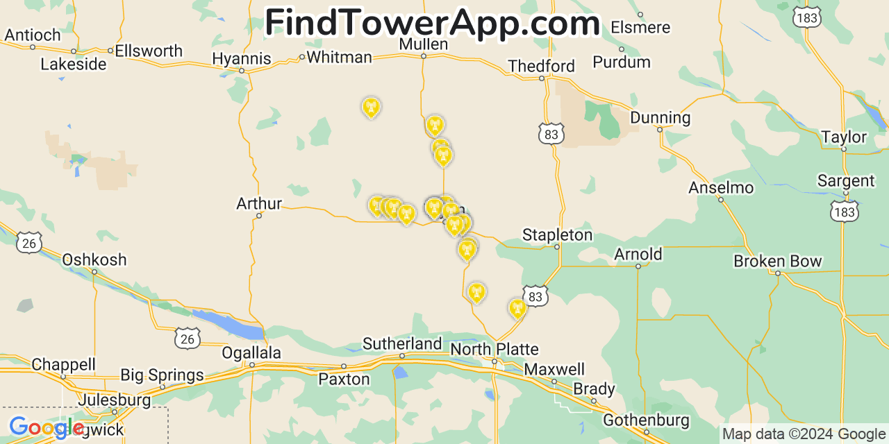 AT&T 4G/5G cell tower coverage map Tryon, Nebraska