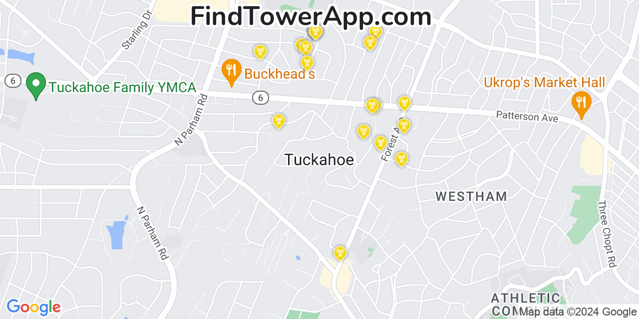 AT&T 4G/5G cell tower coverage map Tuckahoe, Virginia