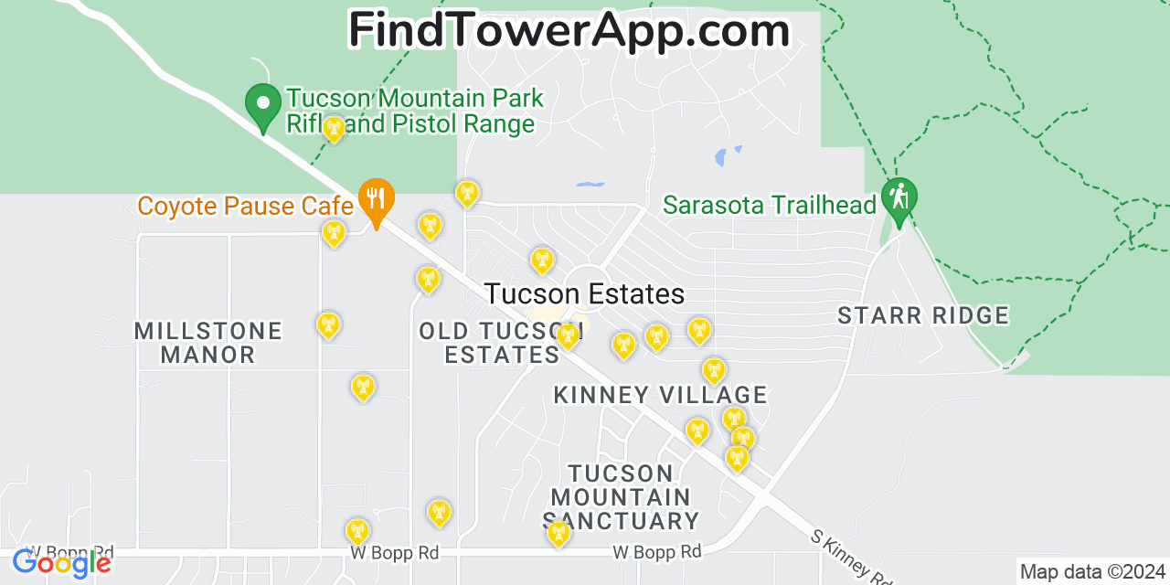 AT&T 4G/5G cell tower coverage map Tucson Estates, Arizona
