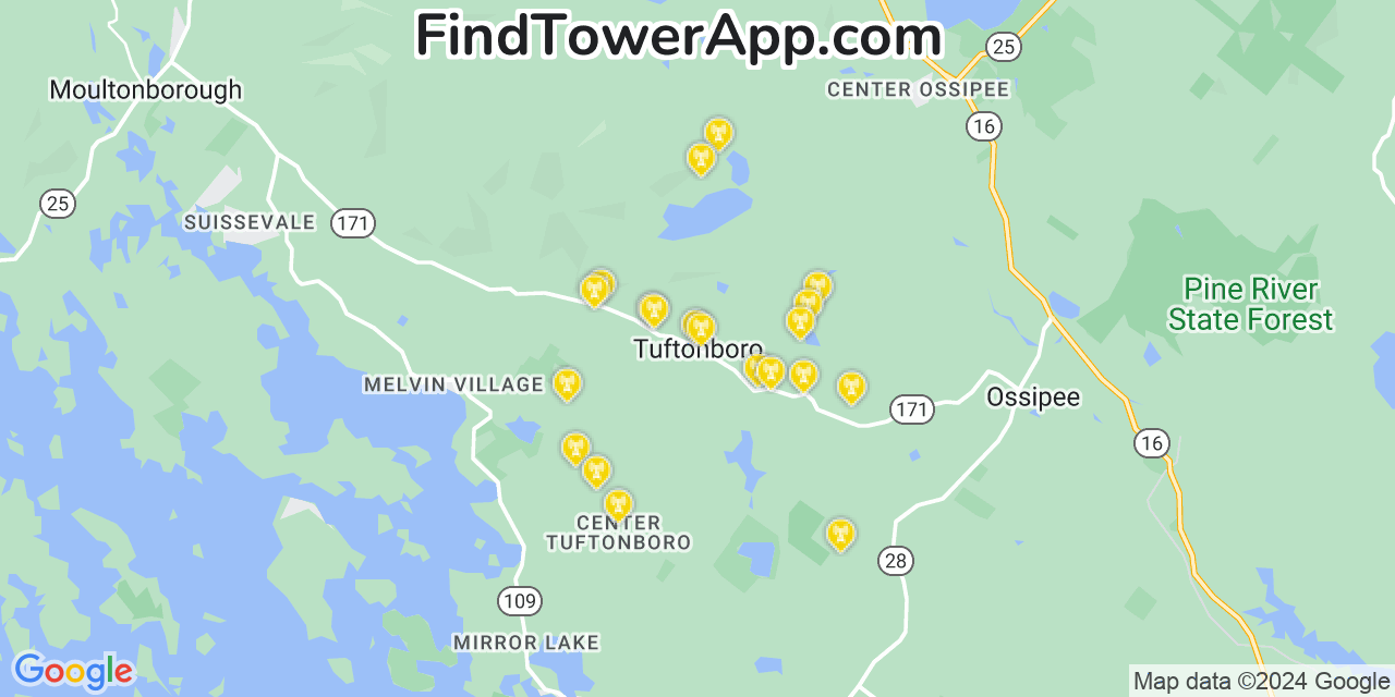 AT&T 4G/5G cell tower coverage map Tuftonboro, New Hampshire