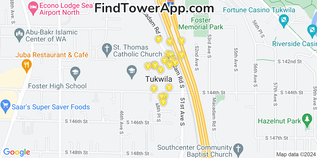 AT&T 4G/5G cell tower coverage map Tukwila, Washington