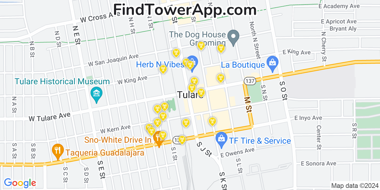 AT&T 4G/5G cell tower coverage map Tulare, California