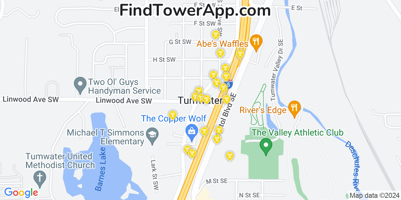 AT&T 4G/5G cell tower coverage map Tumwater, Washington