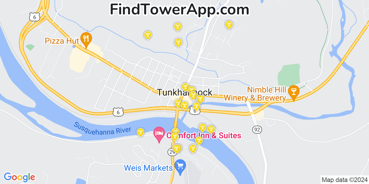 AT&T 4G/5G cell tower coverage map Tunkhannock, Pennsylvania