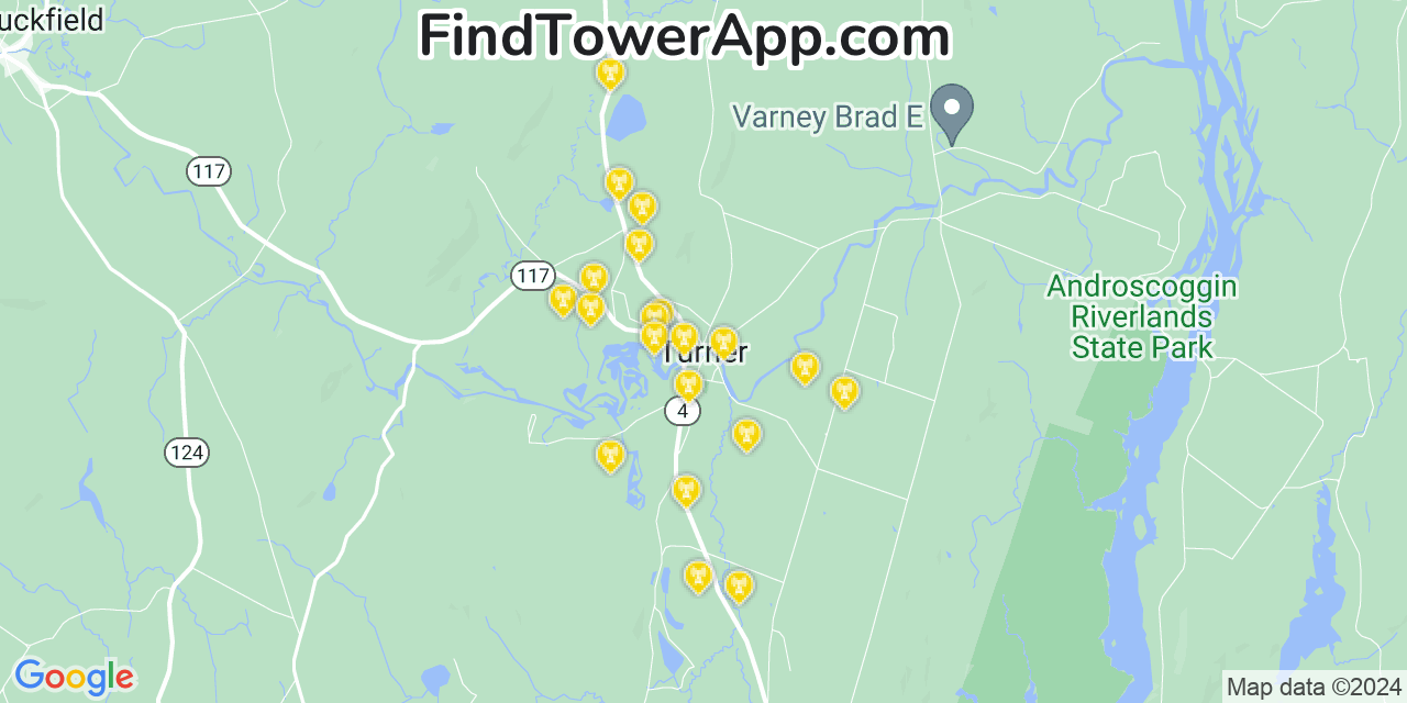 AT&T 4G/5G cell tower coverage map Turner, Maine