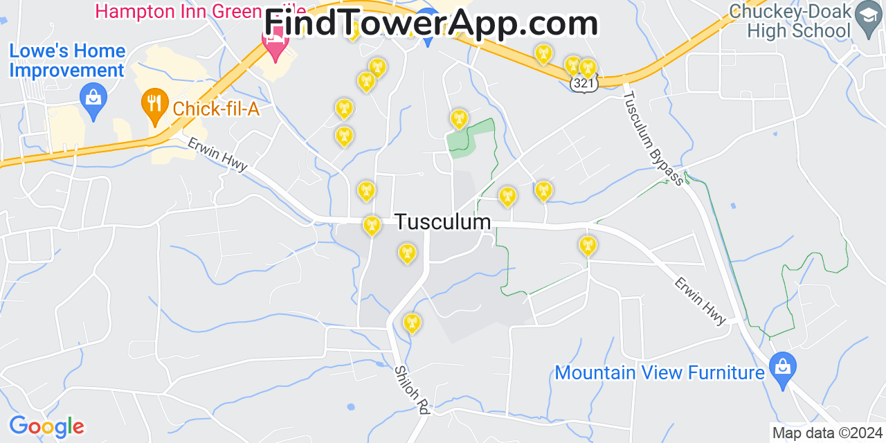 AT&T 4G/5G cell tower coverage map Tusculum, Tennessee