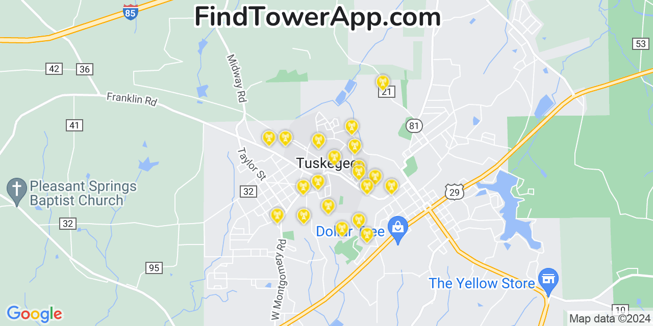 AT&T 4G/5G cell tower coverage map Tuskegee, Alabama