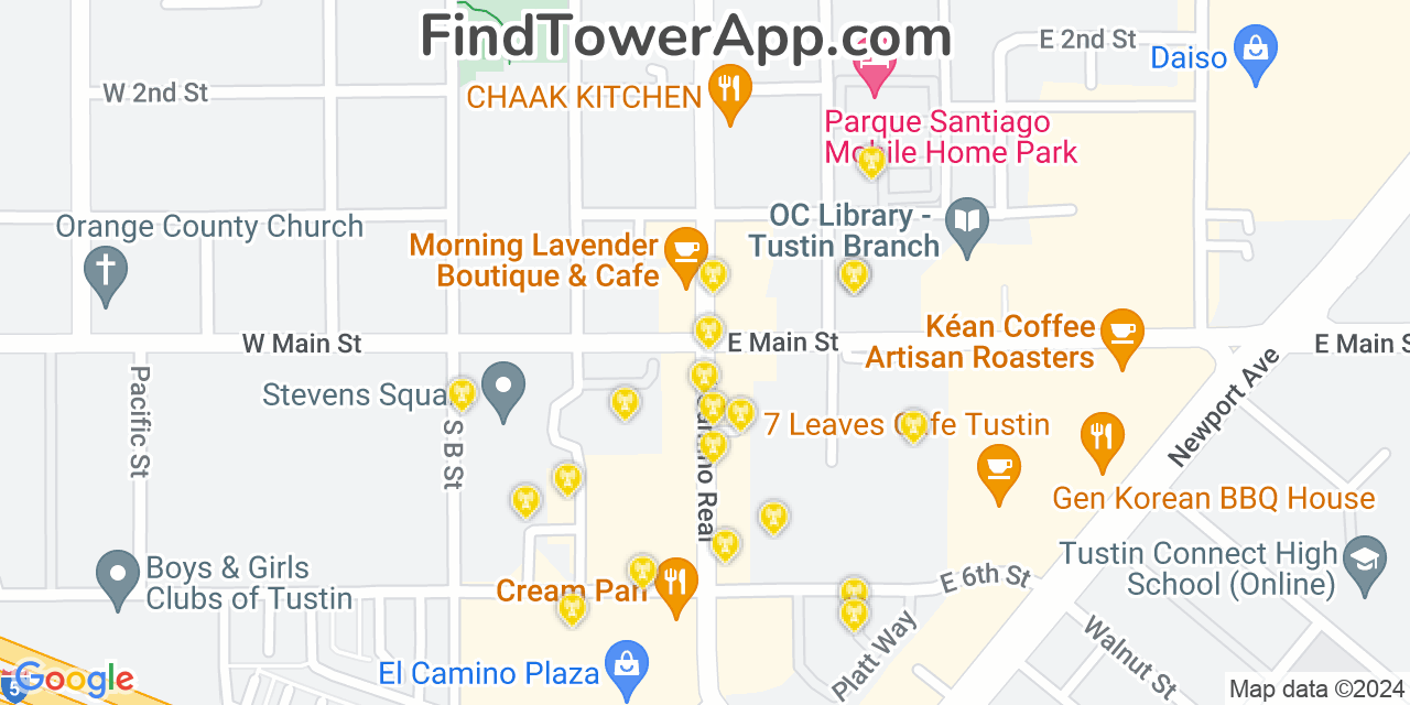 AT&T 4G/5G cell tower coverage map Tustin, California