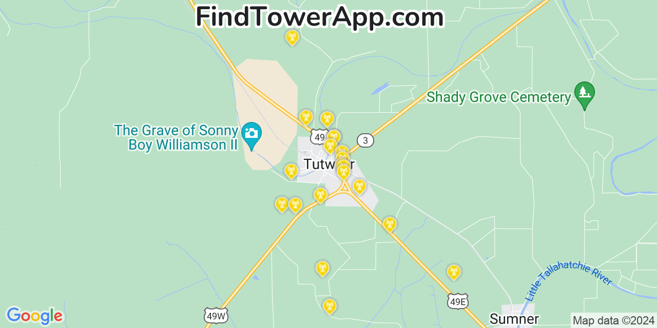AT&T 4G/5G cell tower coverage map Tutwiler, Mississippi