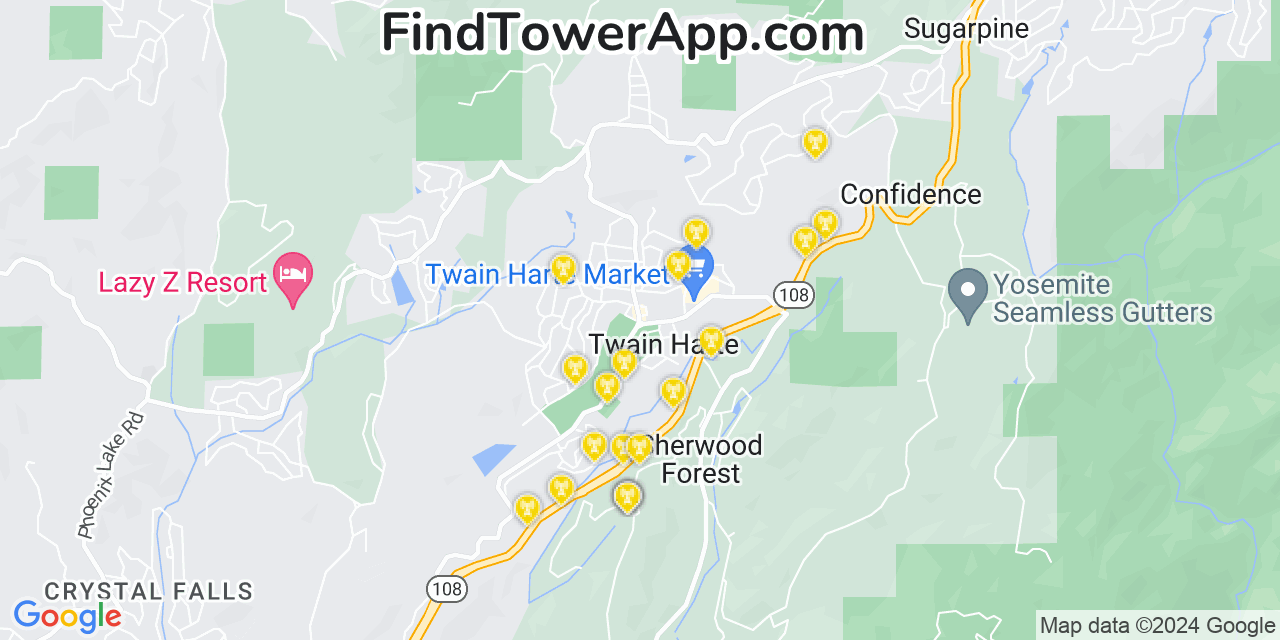 AT&T 4G/5G cell tower coverage map Twain Harte, California