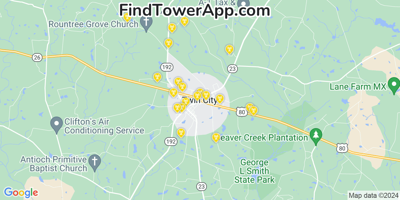 AT&T 4G/5G cell tower coverage map Twin City, Georgia
