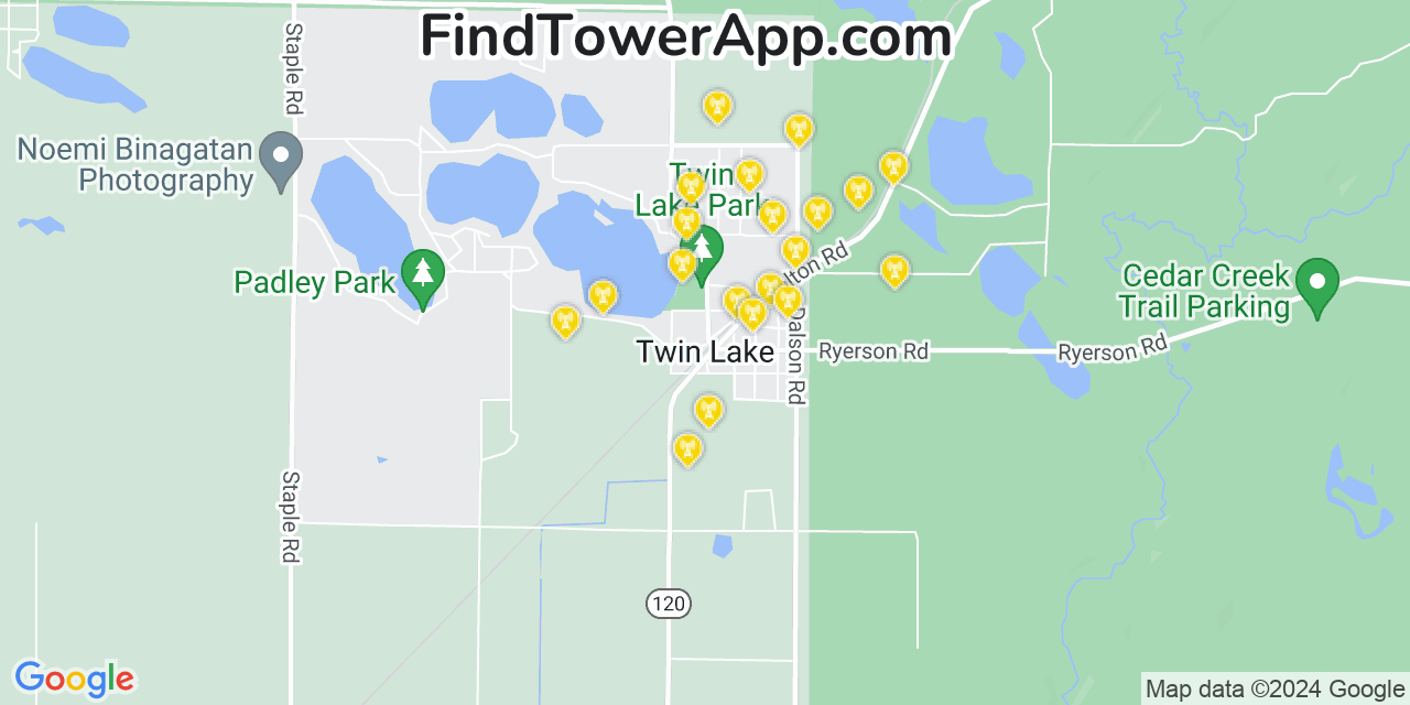 Verizon 4G/5G cell tower coverage map Twin Lake, Michigan