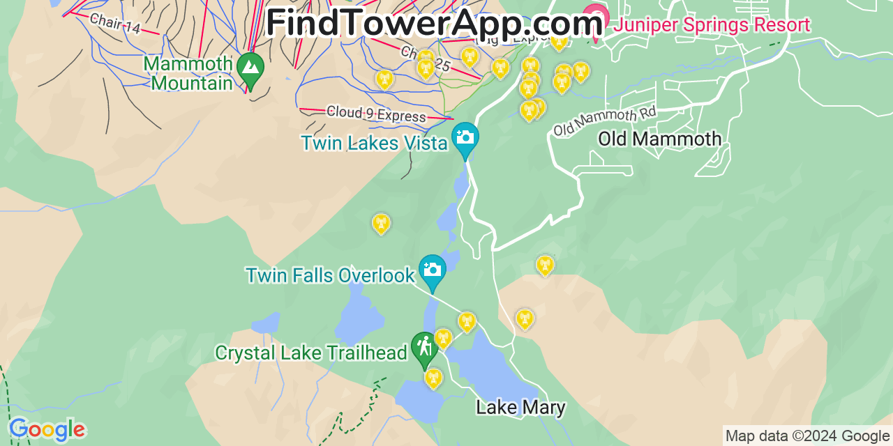 AT&T 4G/5G cell tower coverage map Twin Lakes, California