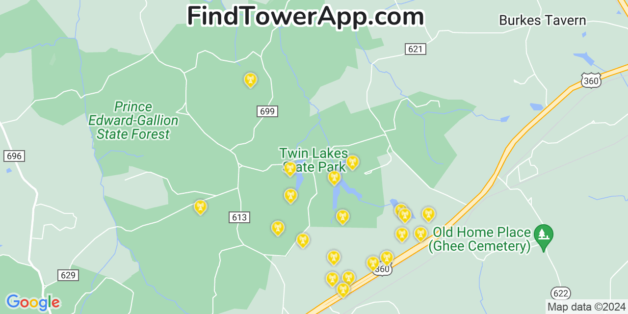 AT&T 4G/5G cell tower coverage map Twin Lakes, Virginia