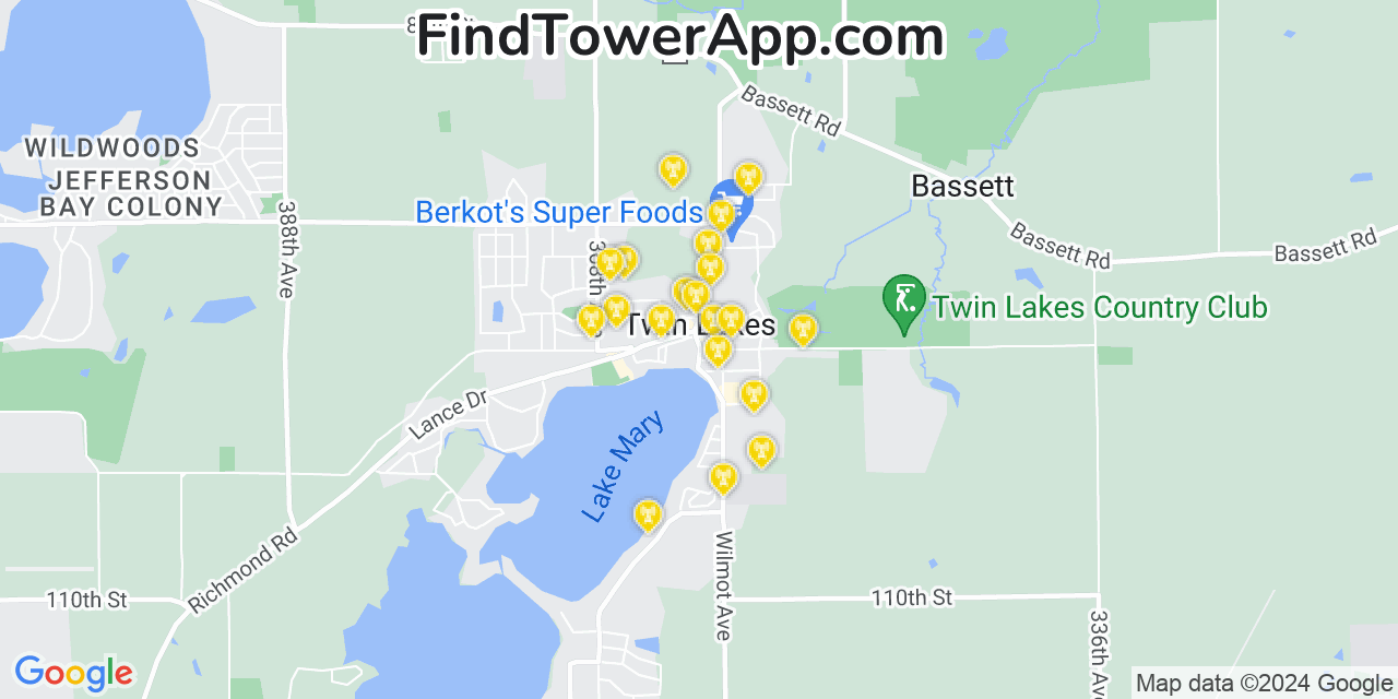 AT&T 4G/5G cell tower coverage map Twin Lakes, Wisconsin