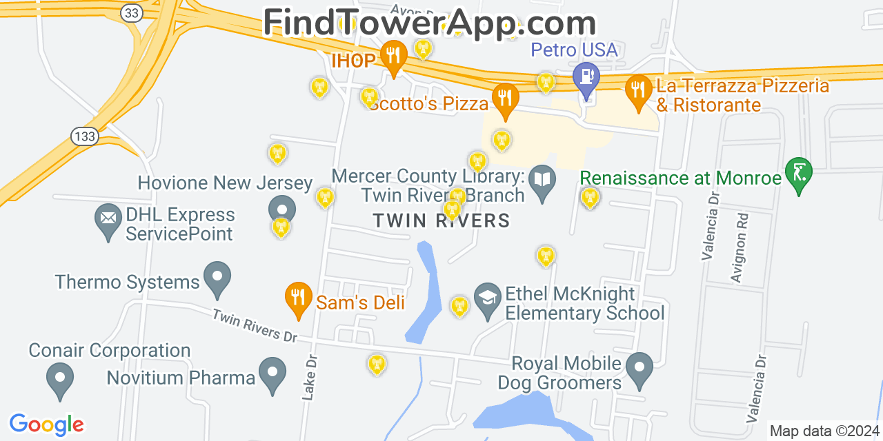 AT&T 4G/5G cell tower coverage map Twin Rivers, New Jersey