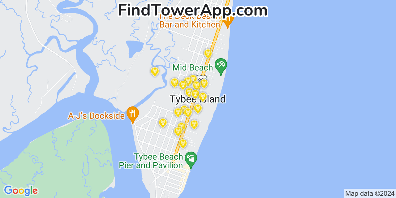 AT&T 4G/5G cell tower coverage map Tybee Island, Georgia