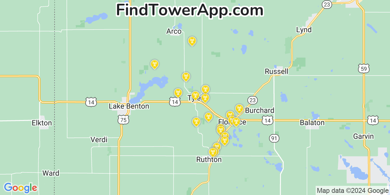 AT&T 4G/5G cell tower coverage map Tyler, Minnesota