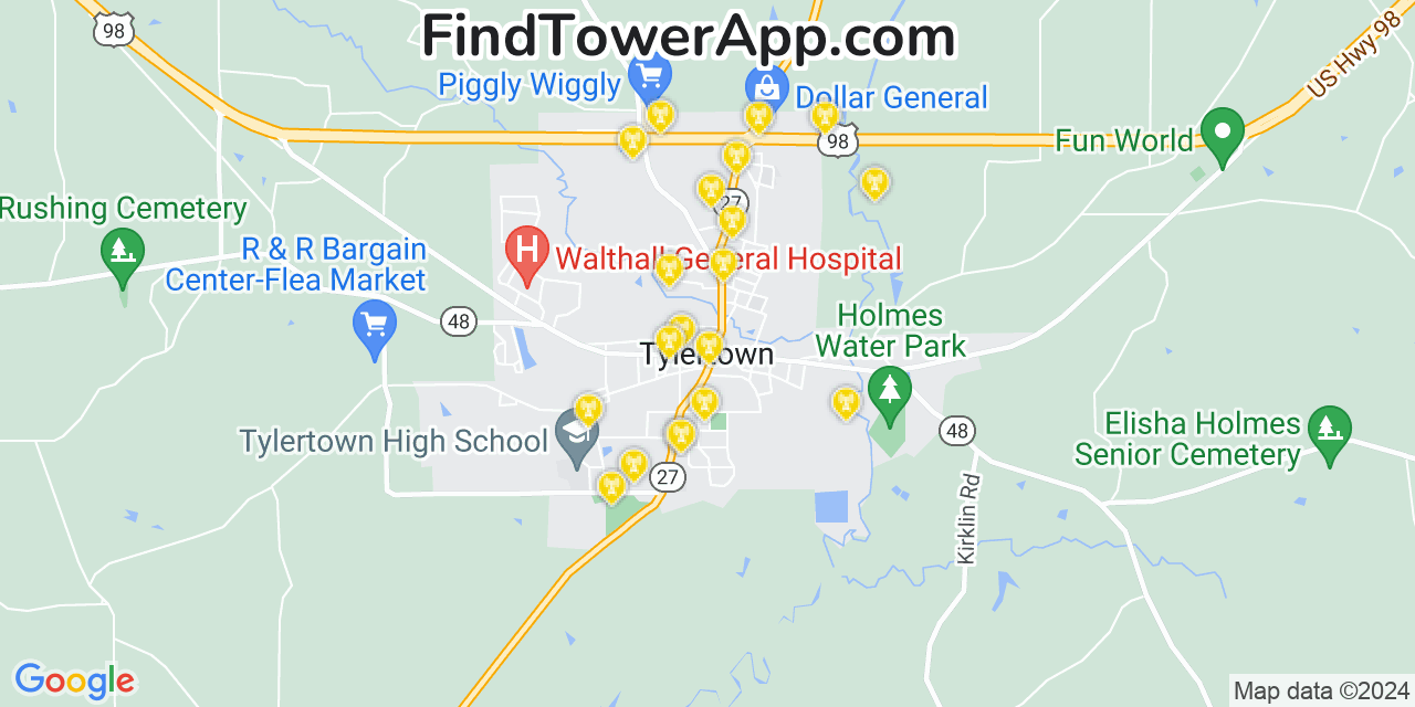 AT&T 4G/5G cell tower coverage map Tylertown, Mississippi