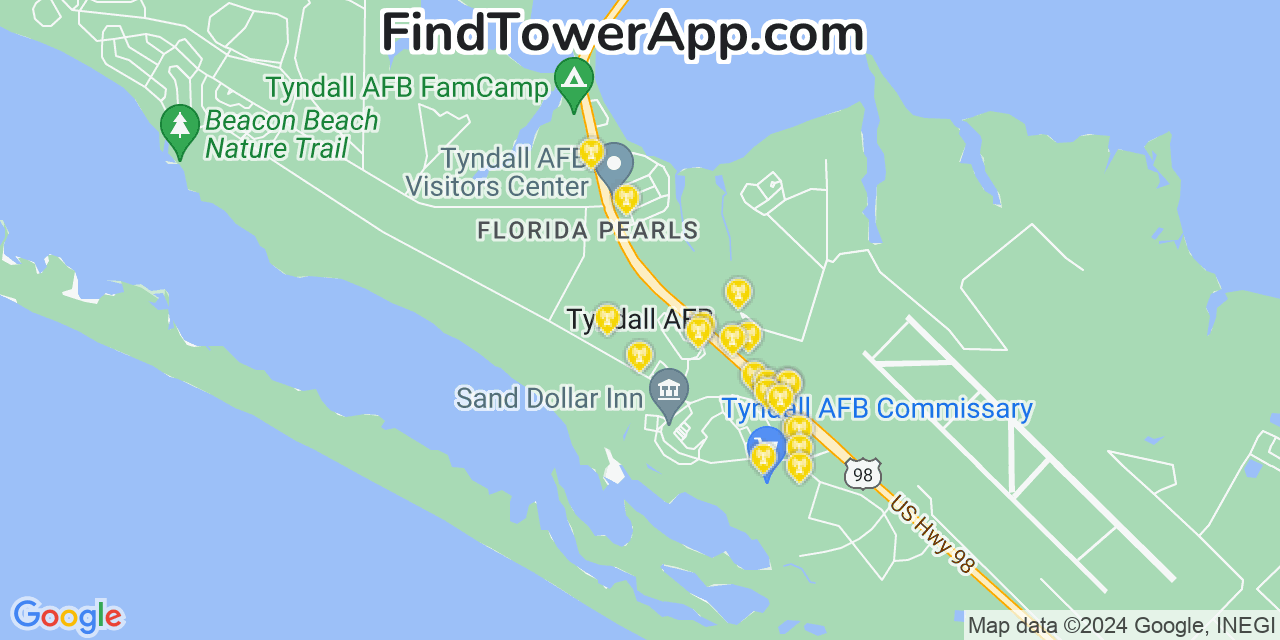 Verizon 4G/5G cell tower coverage map Tyndall Air Force Base, Florida