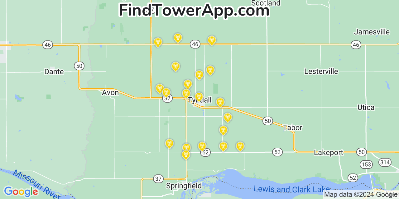 AT&T 4G/5G cell tower coverage map Tyndall, South Dakota