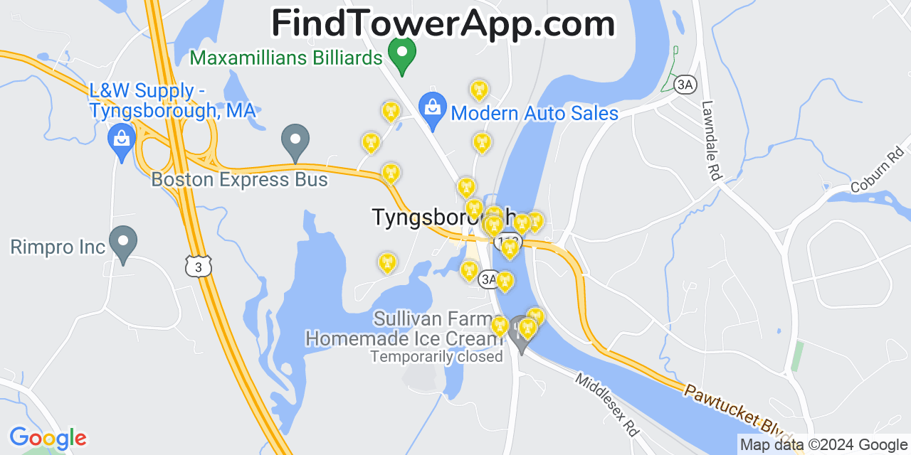AT&T 4G/5G cell tower coverage map Tyngsboro, Massachusetts