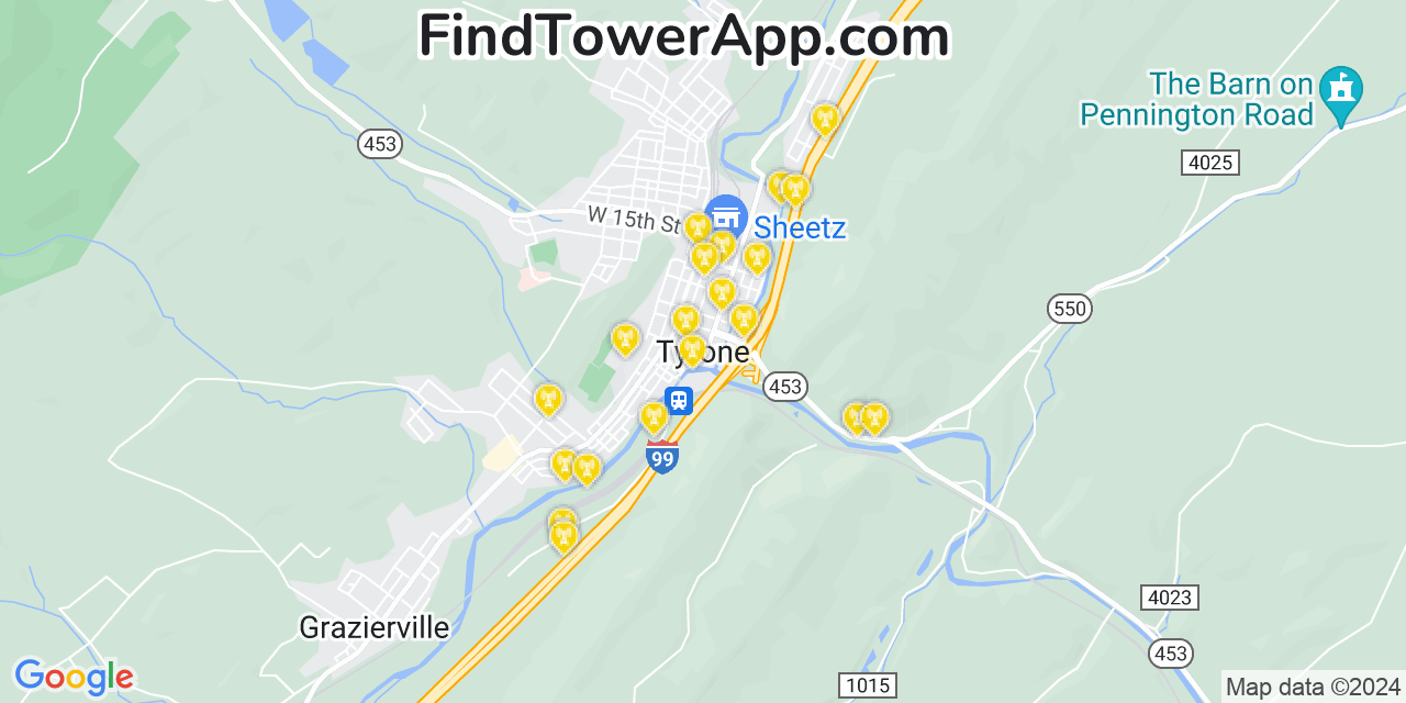 AT&T 4G/5G cell tower coverage map Tyrone, Pennsylvania