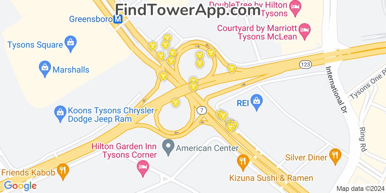 AT&T 4G/5G cell tower coverage map Tysons Corner, Virginia