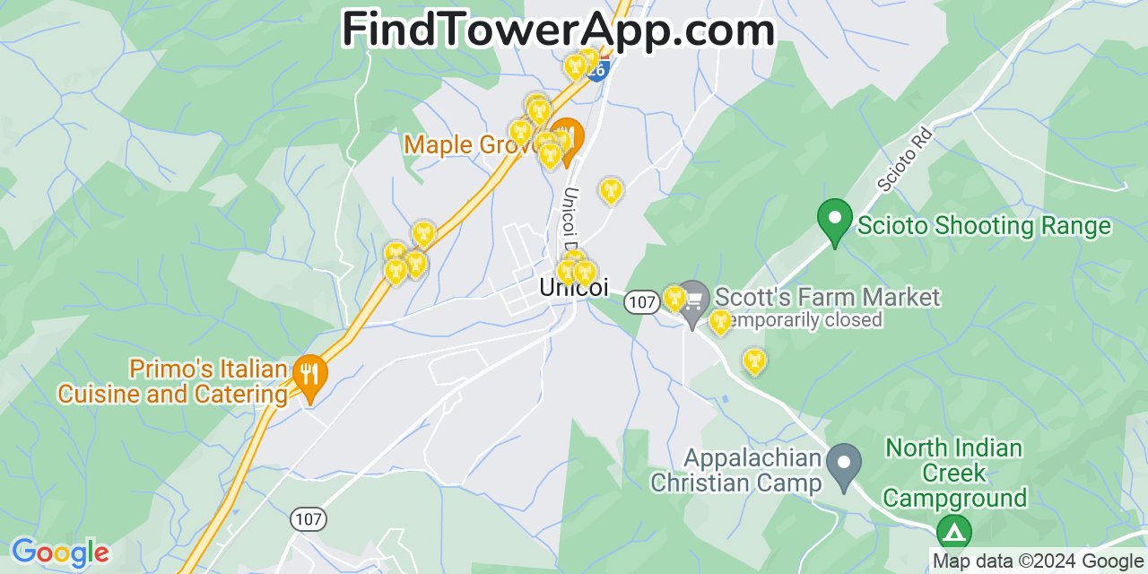 AT&T 4G/5G cell tower coverage map Unicoi, Tennessee