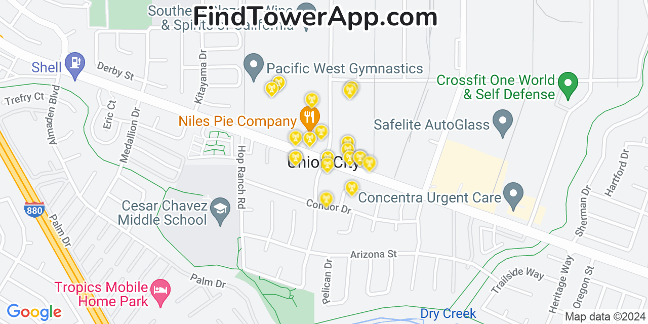AT&T 4G/5G cell tower coverage map Union City, California