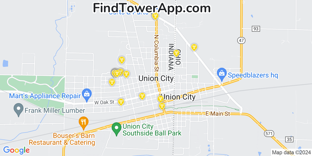 AT&T 4G/5G cell tower coverage map Union City, Indiana
