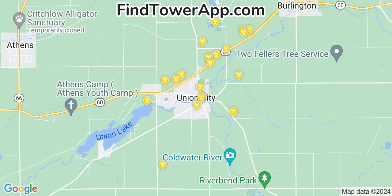AT&T 4G/5G cell tower coverage map Union City, Michigan