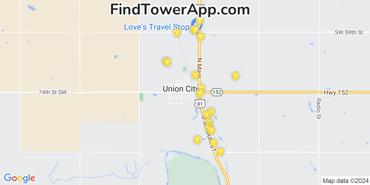 Verizon 4G/5G cell tower coverage map Union City, Oklahoma