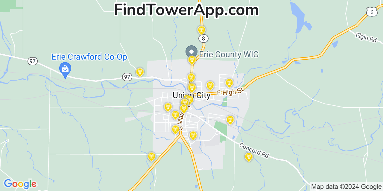 Verizon 4G/5G cell tower coverage map Union City, Pennsylvania